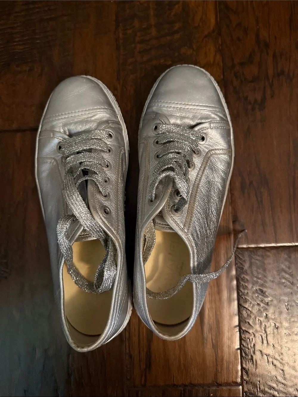 CHANEL Metallic Silver Leather Sneakers with Glitter Laces
